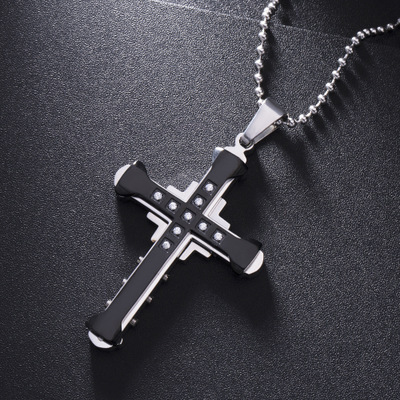 Dark Knight Korean Cross Necklace with Diamonds for Men's Titanium Steel Pendant_voghion.com