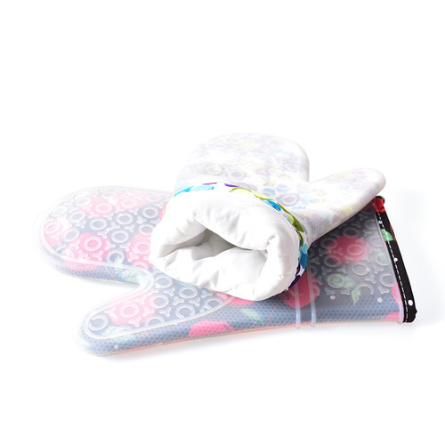 Floral Print Round Edge Long Handle High-Temperature Proof Protective Gloves Microwave Safe Patterned Panda Oven Insulating Silicone Gloves