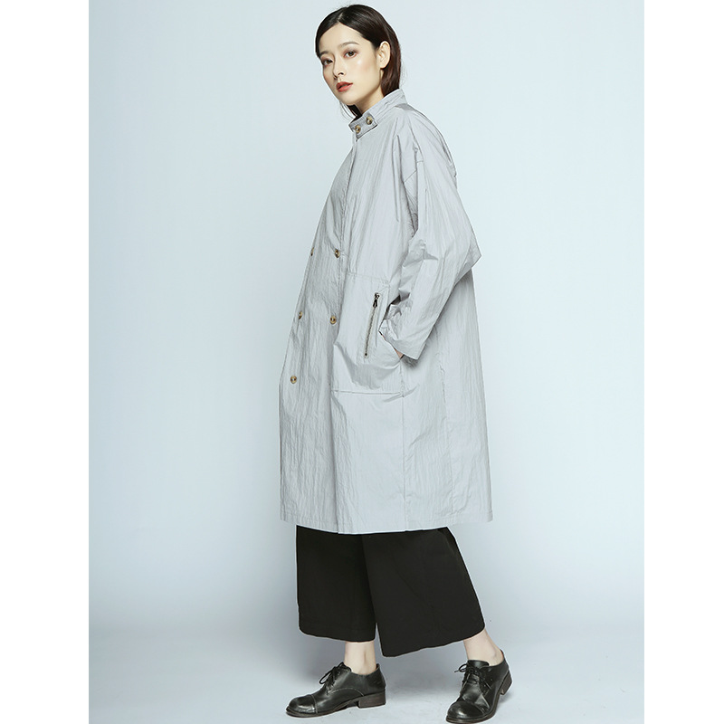2019春新文藝高支純棉風衣中長款立領雙排扣女士風衣#zg059524-01