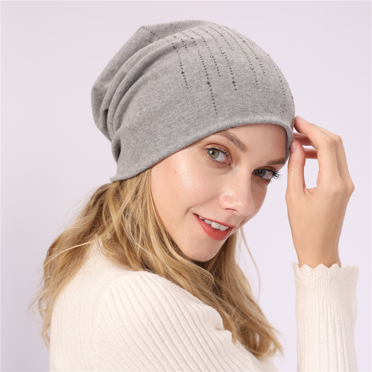 M965 nouveau automne/hiver Couple pull Double couche Imitation cachemire chaud diamant coton tissu chaud clair de lune chapeau_voghion.com