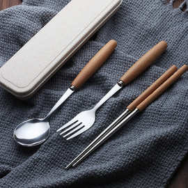 木质餐具不锈钢小麦餐具三件套刀勺叉筷学生套餐旅行儿童定制创意