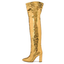 冬季新款欧美女士尖头性感金色小细纹漆皮粗高跟过膝靴外贸款