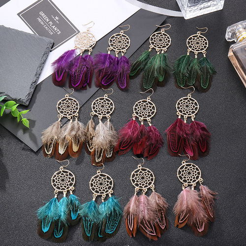 Fashion accessories dreamcatcher feather fringe earrings for women girls Bohemian earrings female long tassel earring ornaments