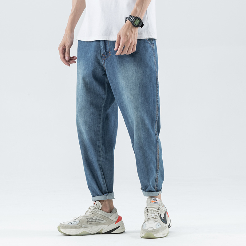九分男褲夏季新款大碼哈倫褲寬松男式牛仔褲潮牌簡約牛仔九分褲男