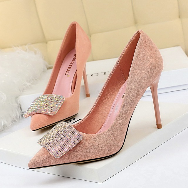 Banquet Slim-heeled high-heeled suede shallow pointed shiny diamond