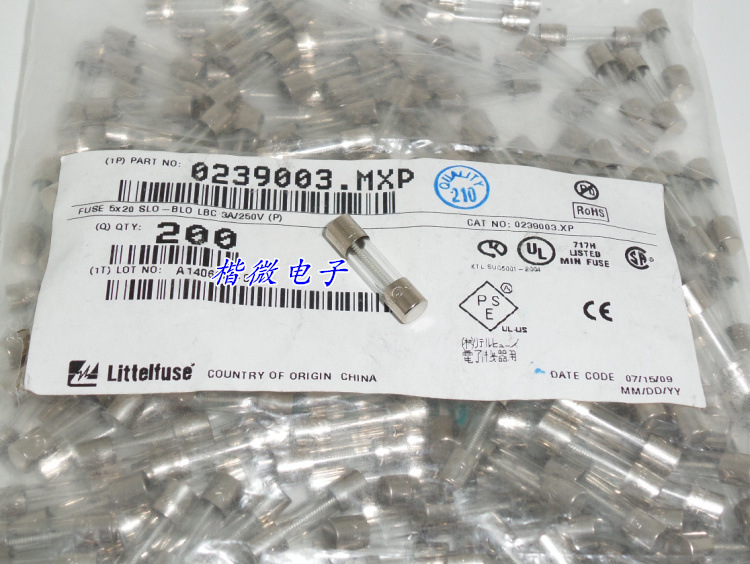 螺旋式玻璃保险丝管0293003.MXP T3A 250V 5X20全新原装力特