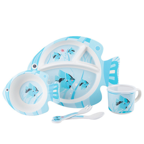 Creative cartoon bamboo fiber plant tableware children's tableware set 5-piece baby food supplement compartment plate bowl cup