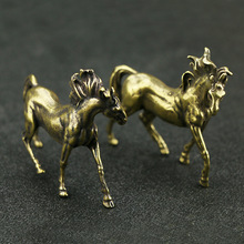 古玩铜器收藏纯黄铜铸造实心骏马摆件家居装饰小摆件复古铜马一对