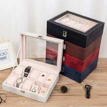 跨境大容量简约皮革6位手表盒 腕表收纳包装盒皮质透明天窗手表盒