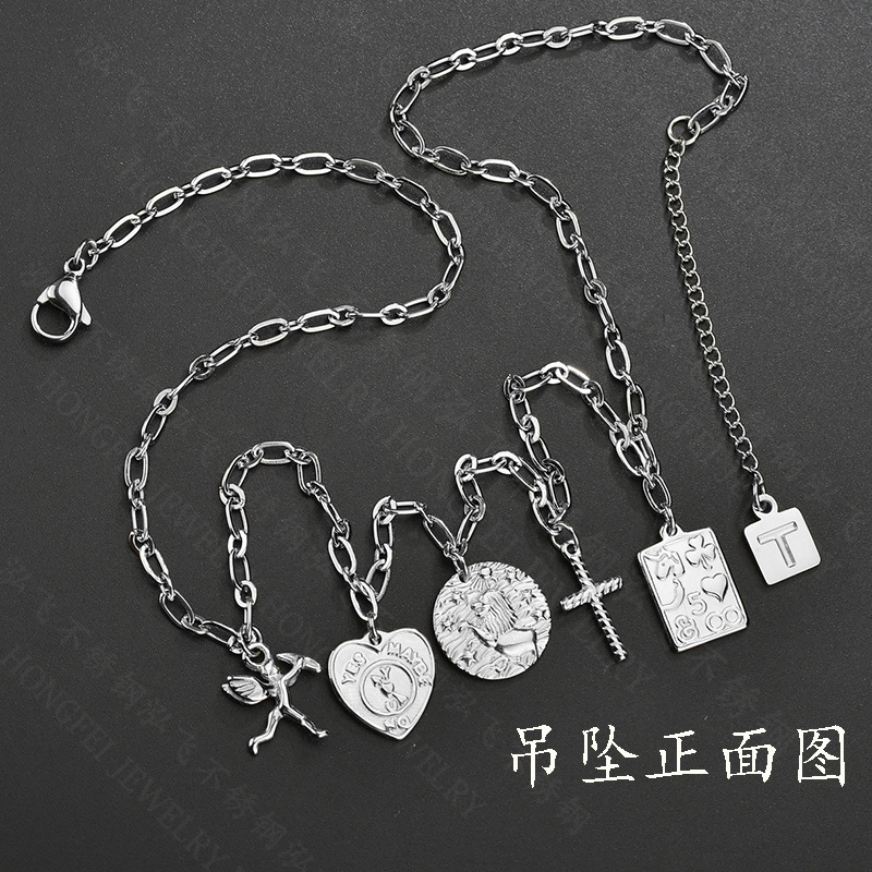 Long Double Love Round Bead Cross Necklace Titanium Steel Couple Hip Hop Angel Sweater Chain display picture 1