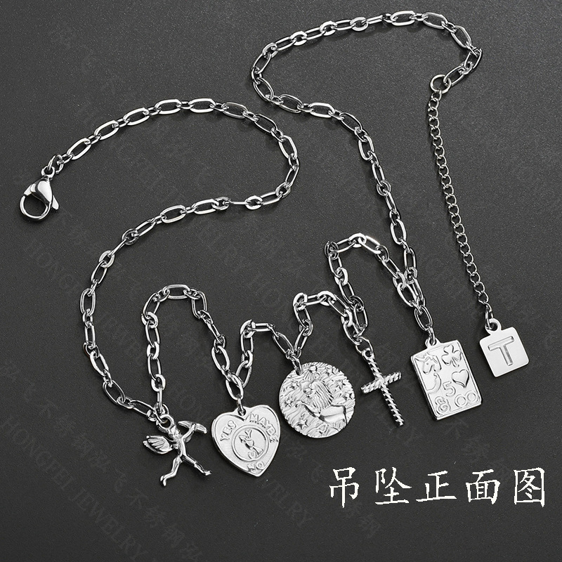 Ins Style Long Double Couches Coeur Affectueux Ronde Perles Croix Collier Titane Acier Couple Hip Hop Carte À Jouer Ange Chandail Chaîne display picture 1