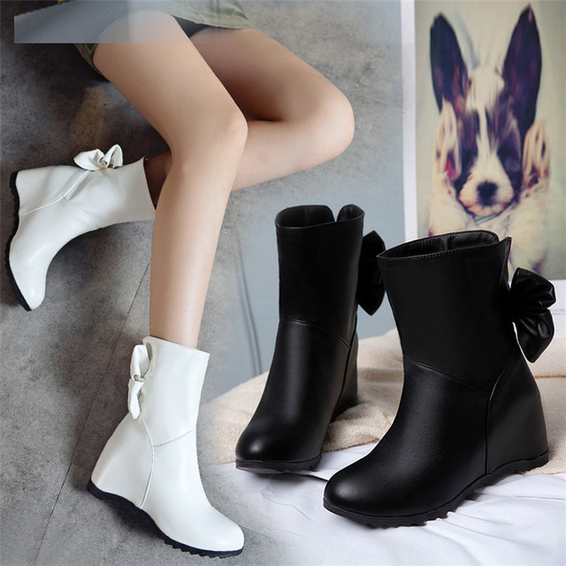 Autumn and winter new women’s short boots flat sole round head inside heightening small fresh bowknot versatile college 