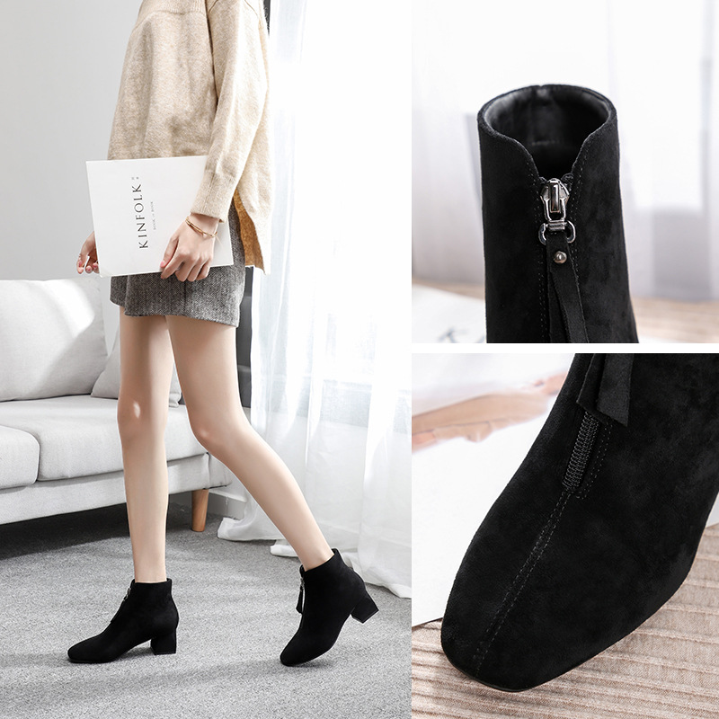 芙号 前拉链短靴高跟靴秋鞋女2019新款方头粗跟绒面保暖时尚女鞋|ms