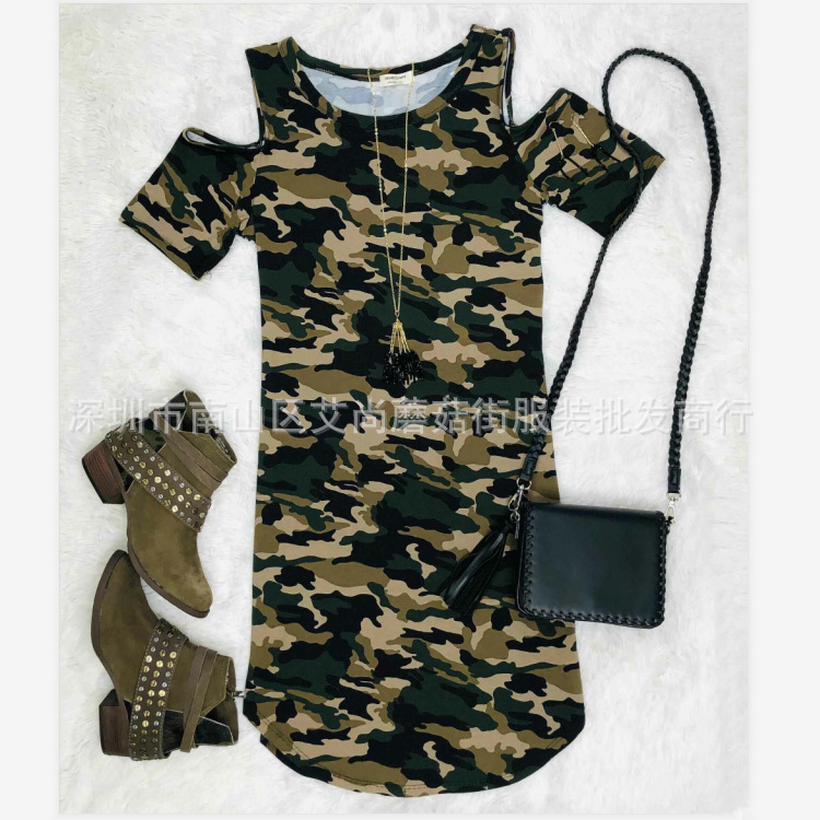 2020夏季欧洲站 ebay 速卖通爆款简约圆领 露肩时尚迷彩连衣裙