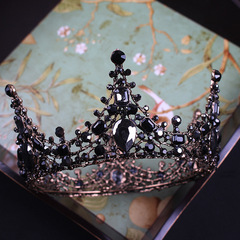 Elegant black round crown with crystal rhinestones—Korean-style wedding, evening gown, and birthday dress hair accessory—bridal tiara
