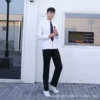 Long-sleeve, shirt, black trousers