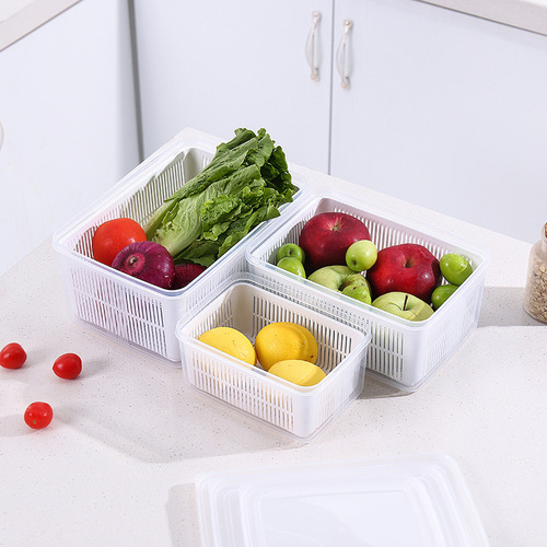 批发厨房冰箱保鲜盒三件套装 双层沥水收纳盒 食品水果保鲜塑料盒