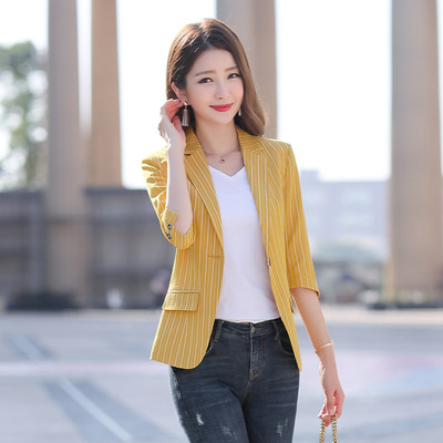 2020春新款韓版春夏七分袖外套修身顯瘦條紋小西裝女短款西服2003