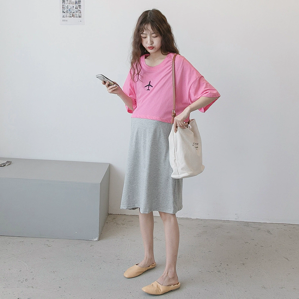 Новая летняя одежда для беременных, Корейская Повседневная поддельная футболка из двух частей для беременных, юбка, свободное платье больших размеров для беременных с короткими рукавами