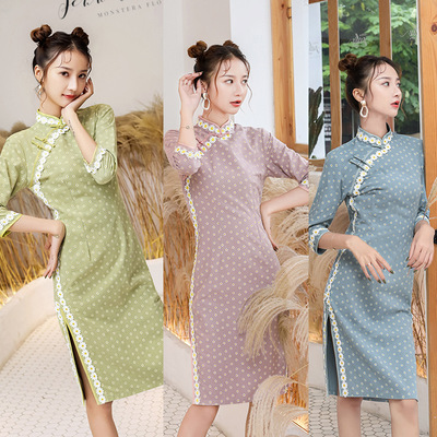 2019 Cotton and hemp cheongsam printing Mid length version Self cultivation Show thin literature Ethnic style Improvement lady temperament Dress