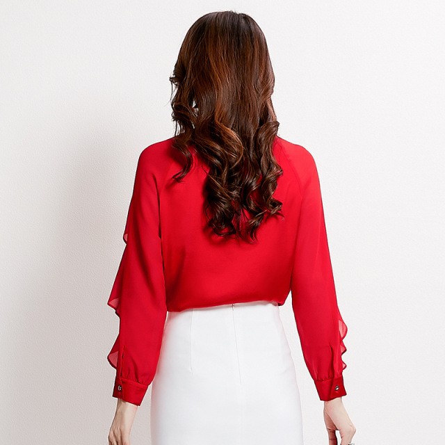 Long-sleeved blouse new round collar and lotus leaf edge autumn 