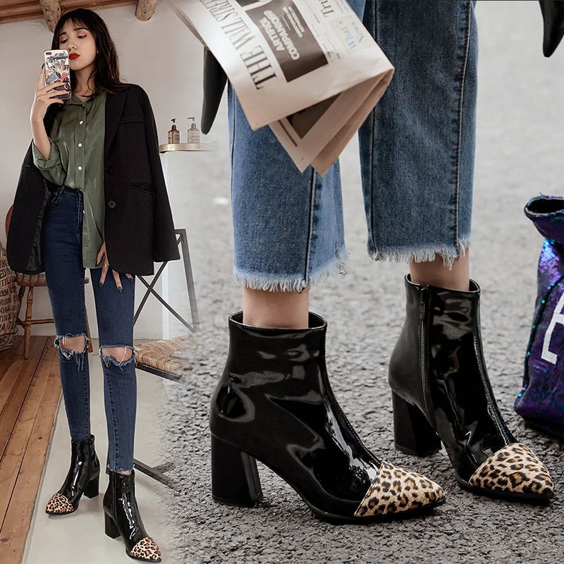 靴子女秋冬新款女靴拼色高跟短靴欧外贸大码女鞋子速卖通一件代发