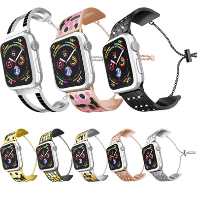 适用apple watch1234代苹果表带不锈钢腕带金属镶钻手链V形钢带