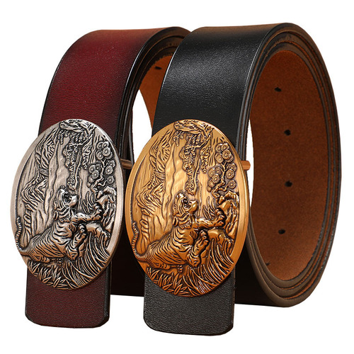 Retro belt men's buckle belt genuine leather plus large size 140150cm pure cowhide smooth buckle jeans belt