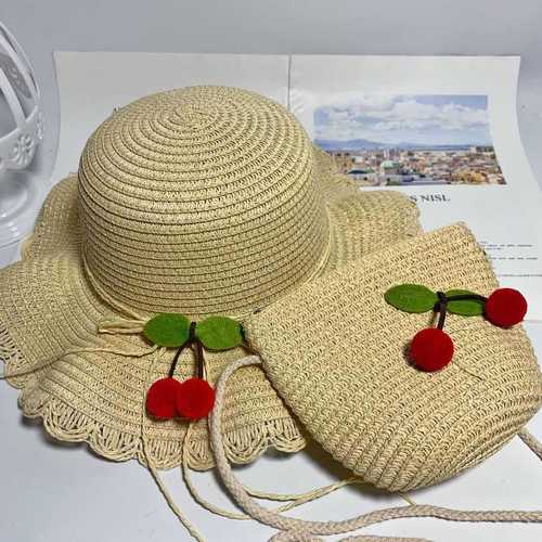 New Children's Fruit Cherry Straw Hat Summer Baby Girl Crossbody Bag Travel Cute Princess Hat Children's Straw Bag