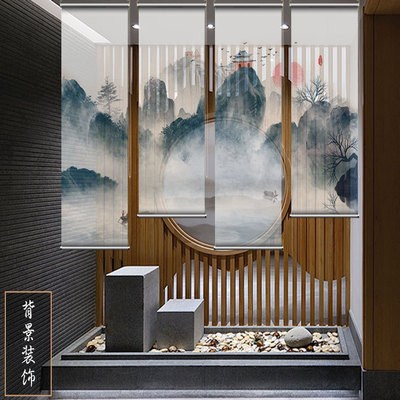 批发定制新中式山水隔断悬挂屏风帘图案印花半透玄关经编透景纱