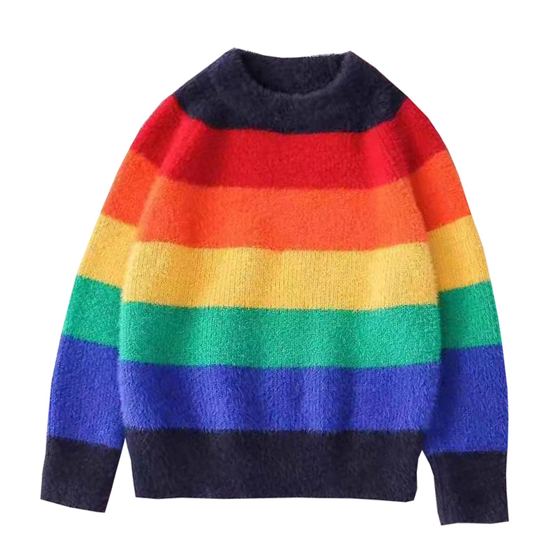 2019新款童裝水貂毛女童彩虹條套頭長袖毛衣加厚韓版外套廠價直銷