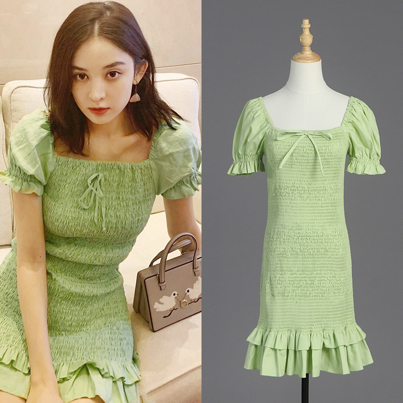 [现货]古力娜扎同款夏季新款修身显瘦高级感牛油果绿小清新连衣裙