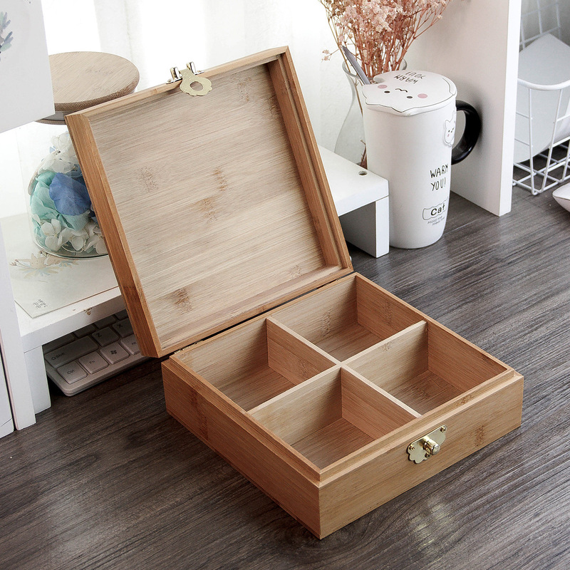 Bamboo wooden box square separated 4 grid box solid wood desktop jewelry storage box with lock wooden