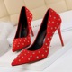 825-6 European and American fashionable, sexy and slim nightclub women's shoes with high heel, suede, shallow mouth and sharp metal rivet single shoes