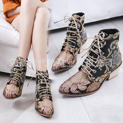 Cross border Selling Chinese nation Retro Embroidery Women's Boots Tip Ankle boots Large Frenum With crude Bootie