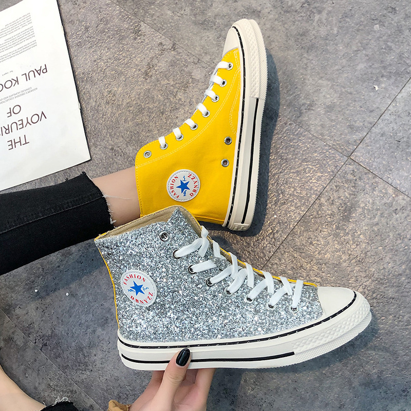 2019 Spring new pattern Women's Shoes Gaobang canvas shoe Sequins candy Color Mosaic Net Red Trill Same item Korean shoes