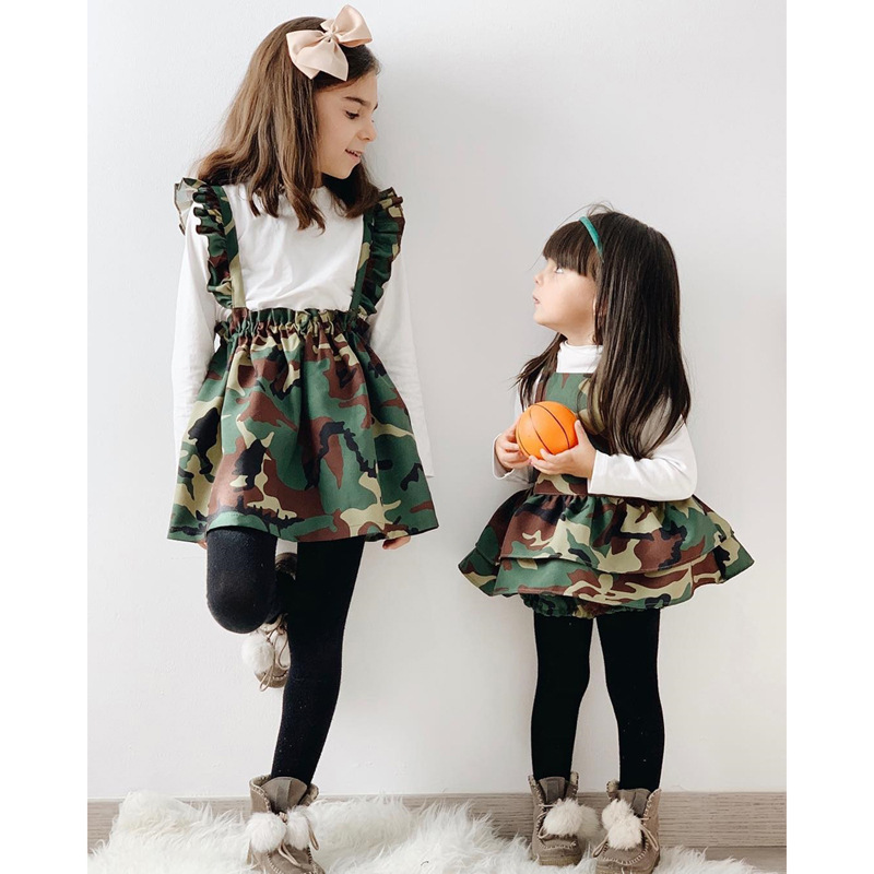 Women's European and American Spring and Autumn Long Sleeve Top + Camouflage Strap Skirt Sisters' Two-Piece Children's Clothing ins