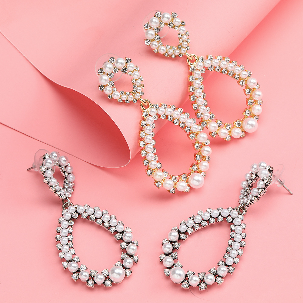 Personality geometric alloy diamond and pearl earrings female autumn and winter earrings earrings