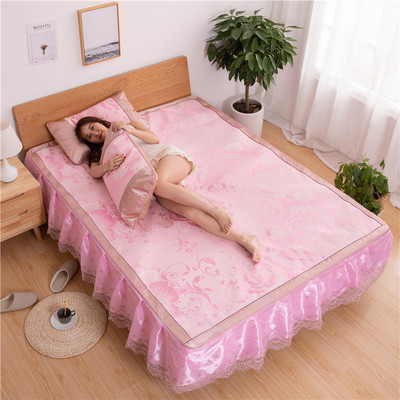 厂家直销提花凉席三件套 可水洗冰丝席 可折叠单双人空调席床裙款|ru