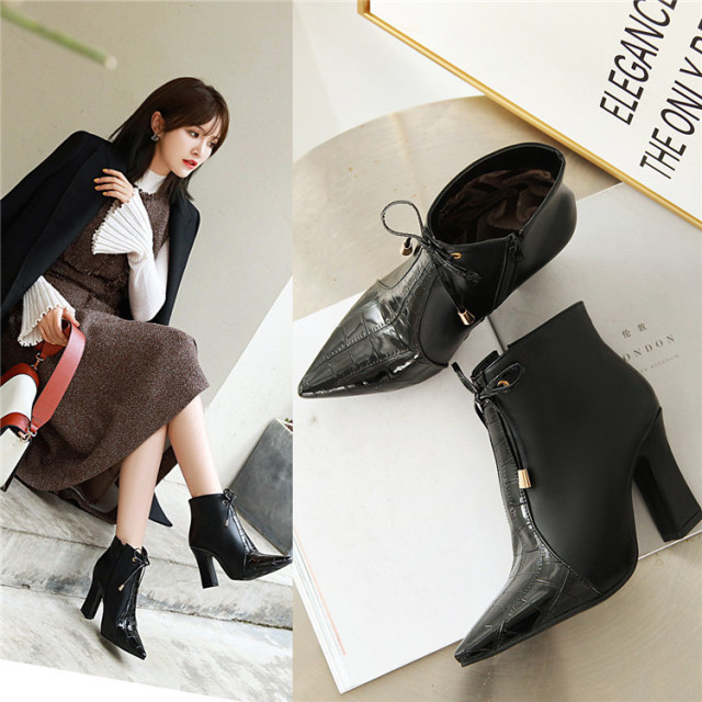 Casual boots women’s high heels European and American short boots fashion sexy pointed head autumn and winter thick heel