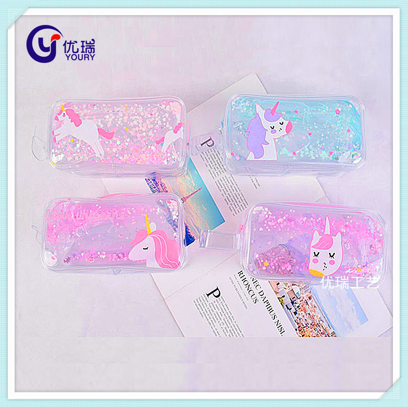 定制PVC卡通流沙入油笔袋 学生透明PVC文具盒 大容量铅笔