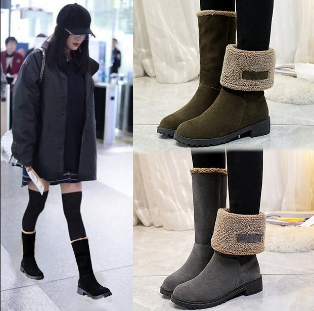 冬季中筒雪地靴女歐美外貿專供粗跟磨砂女靴壹鞋兩穿保暖靴子批發