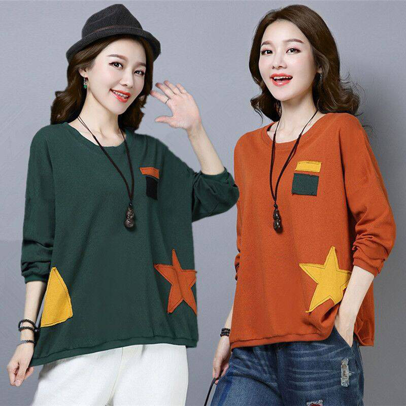 Cotton New Long-sleeved Loose Artistic T-shirt Women's Spring and Autumn Clothes Round Neck Casual Sweatshirt Women's Korean-style plus size