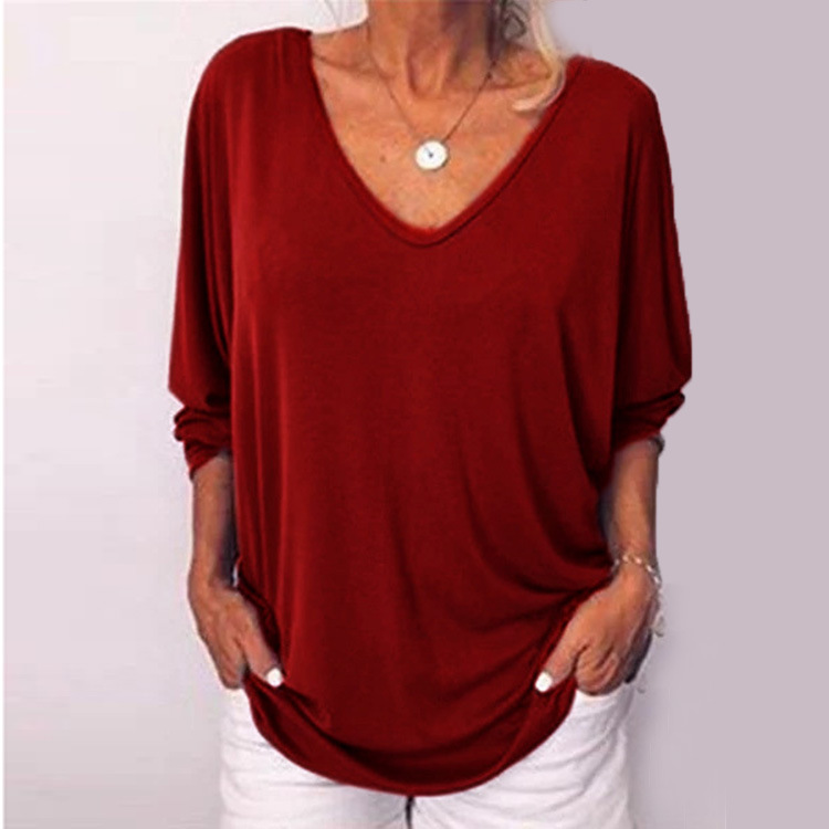 Fashion Solid Color Polyester V Neck 3/4 Length Sleeve Batwing Sleeve Button T-shirt display picture 24