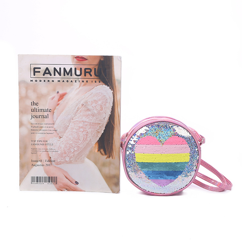 Moda nueva tendencia PU radium un hombro crossbody pieza corazón arco iris sirena unicornio lentejuelas niña detail image 11