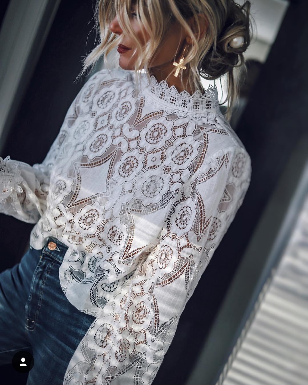 Sexy See-Through Long-Sleeved Stand-Up Collar Lace Top NSHML87794