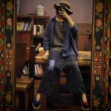 落古泥复古麻料手工拼布直筒八分裤1529