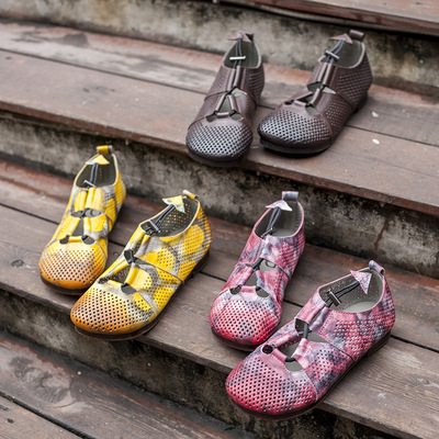 铂帝思新款复古女鞋 镂空凉鞋 软底圆头七彩皮松紧带春夏女鞋代发