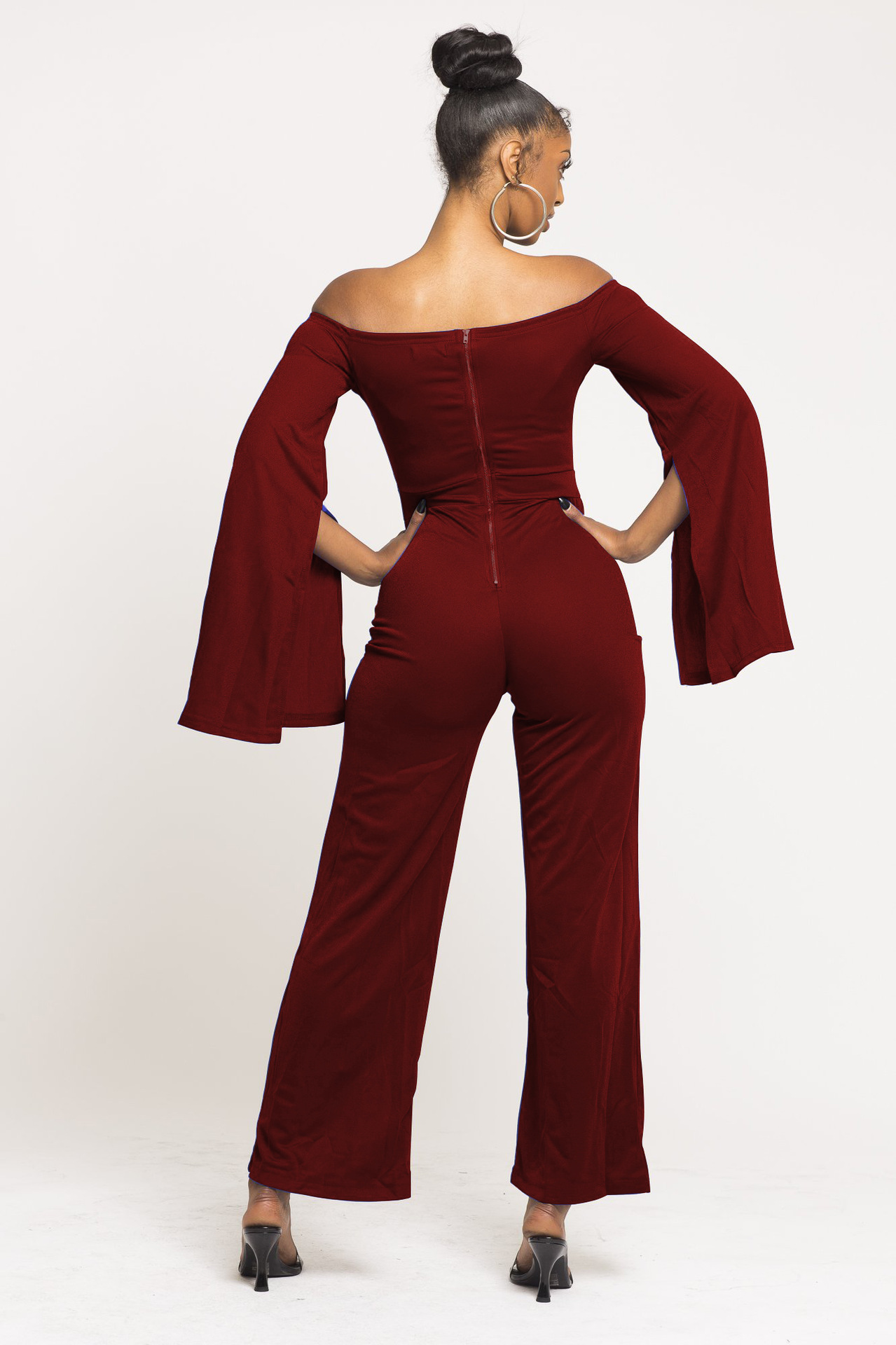 Boutique Casual Solid Color Long Sleeves Cropped off Shoulder Jumpsuit