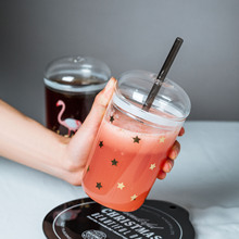 创意星星耐热玻璃水杯带吸管杯子大容量珍珠奶茶杯果汁饮料杯带盖